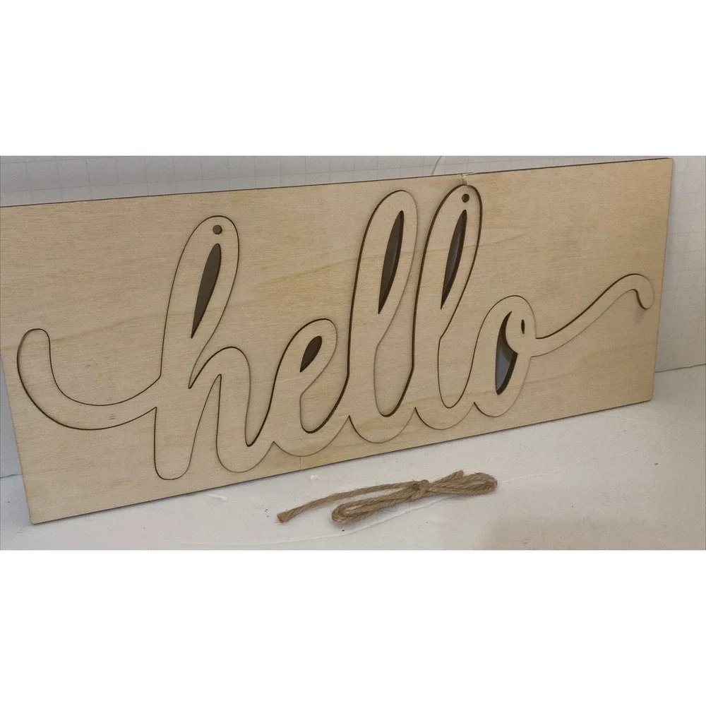 Vosarea Hello Wood Sign Wall Decoration Plaque Natural Unfinished 35x14cm
